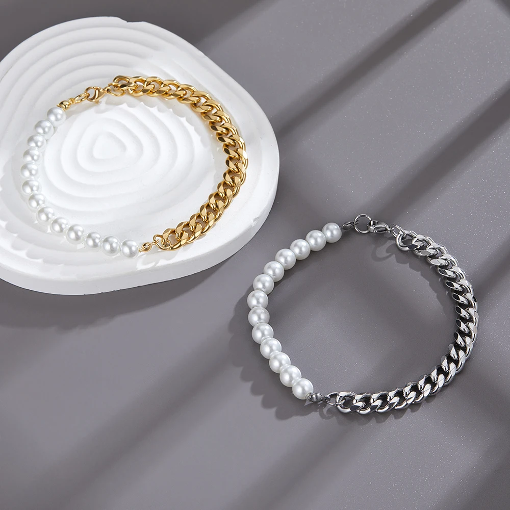 

Большой толстый браслет в стиле панк с кубинской цепью, браслет из нержавеющей стали для мужчин, модный браслет с полужемчужной пряжкой, женские дизайнерские ювелирные изделия