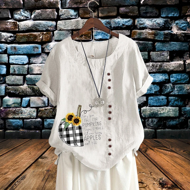 

Летняя винтажная однотонная женская блузка, Красивая свободная футболка с принтом, льняные топы для отдыха с круглым вырезом и коротким рукавом