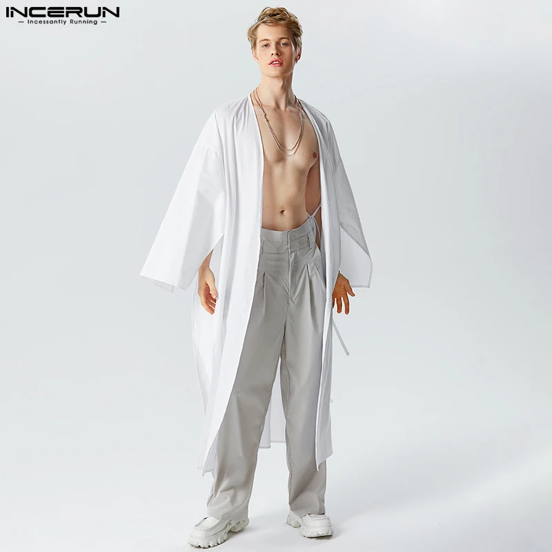 

Fashion Casual Style Tops INCERUN Men's Simple V-neck Shirts Handsome Male Solid Tie Up Long Sleeved Cardigan Blouse S-5XL 2023