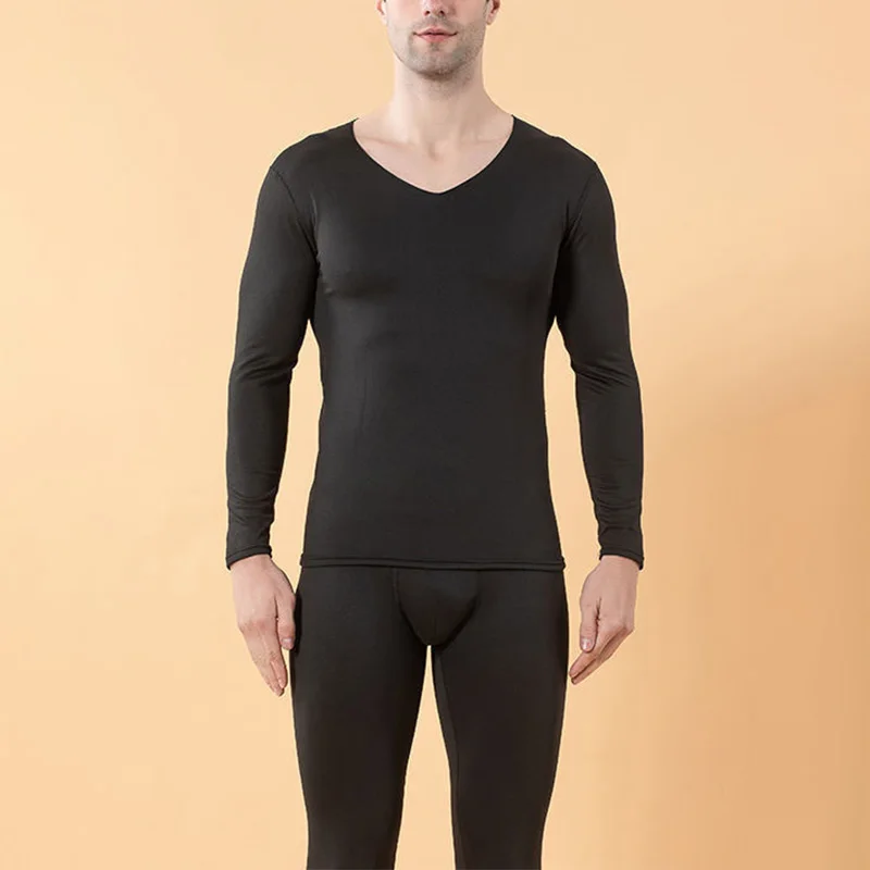 

Men's Seamless Thermal Underwear, Winter Thermal Wool Top, Warm Long Shirt, Solid Color Pajama Set, Home Clothing