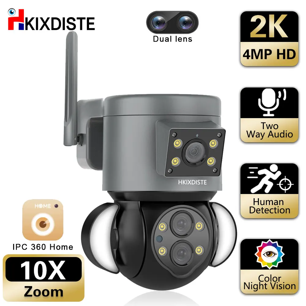 

10X Zoom PTZ Camera WiFi 2K 4MP Security Surveillance Linkage Floodlight Auto Tracking Mult Optical Lens Protection Camera