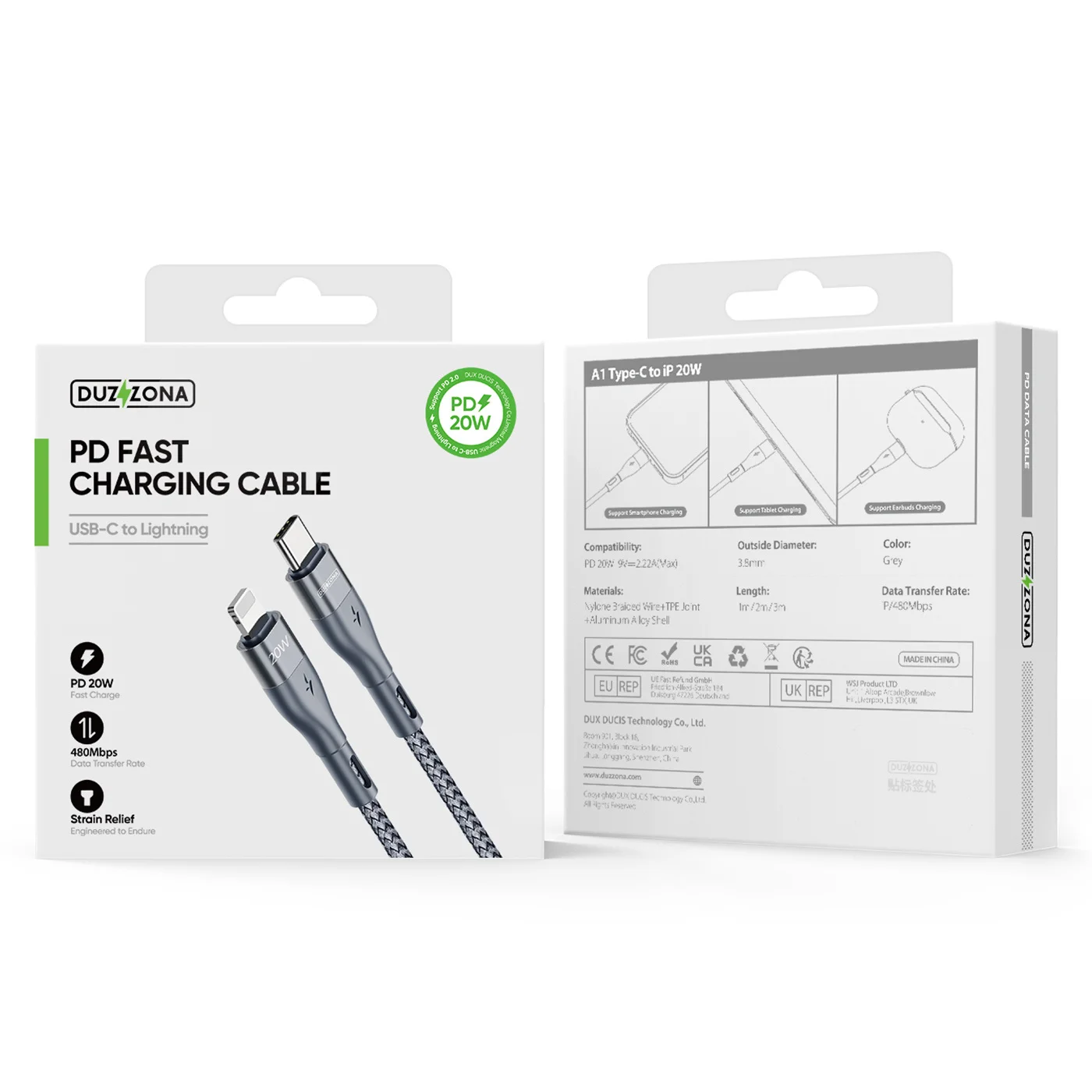 PD 20W 1m/2m/3m와 호환되는 USB C-라이트닝 케이블