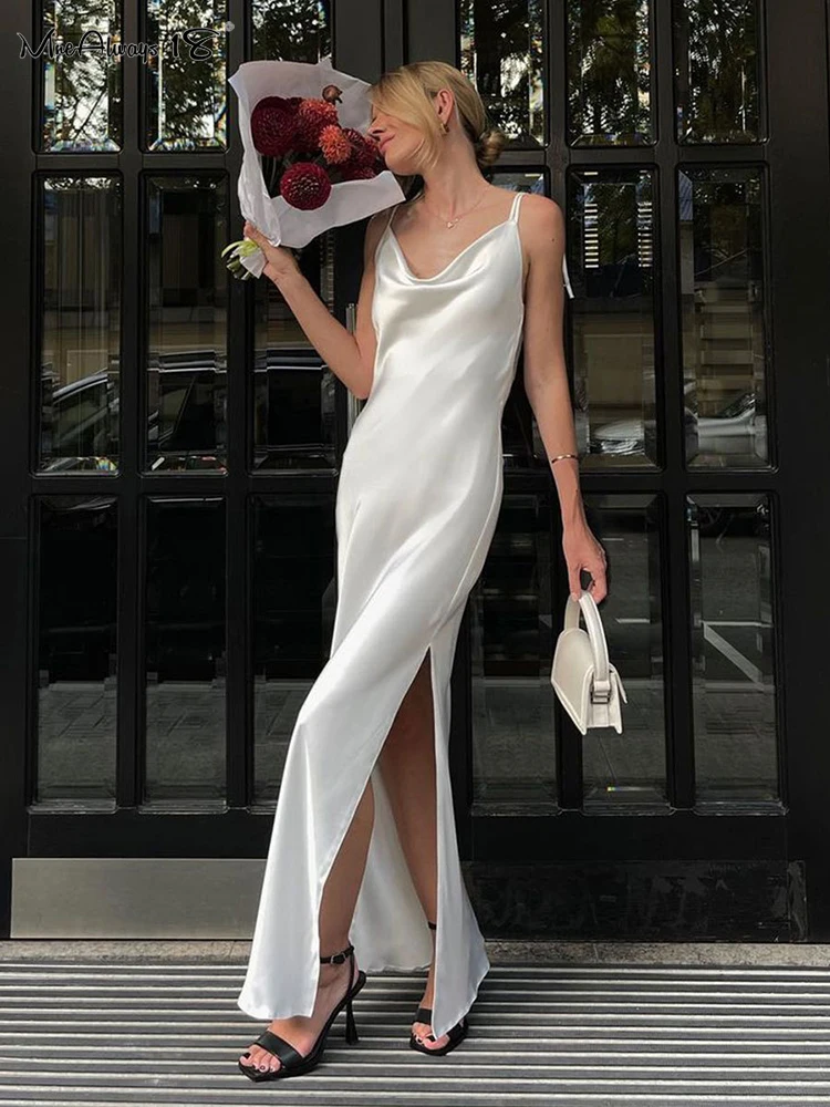 

Mnealways18 сексуальное атласное длинное платье с открытой спиной Летняя Вечеринка 2024 на бретелях белые платья без рукавов с свободным воротником женское Клубное платье