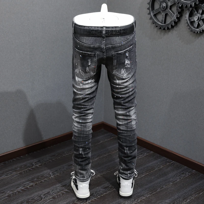 Newly Designer Fashion Men Jeans Retro Black Gray Elastic Stretch Skinny Ripped Jeans Painted Hip Hop Pants Men Vintage Trousers