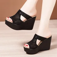 High quality wedge sandals for women 8cm 11cm high heel 2025 summer size 32 33 42 43 platform open toe fashion shoe black gold - Image 4