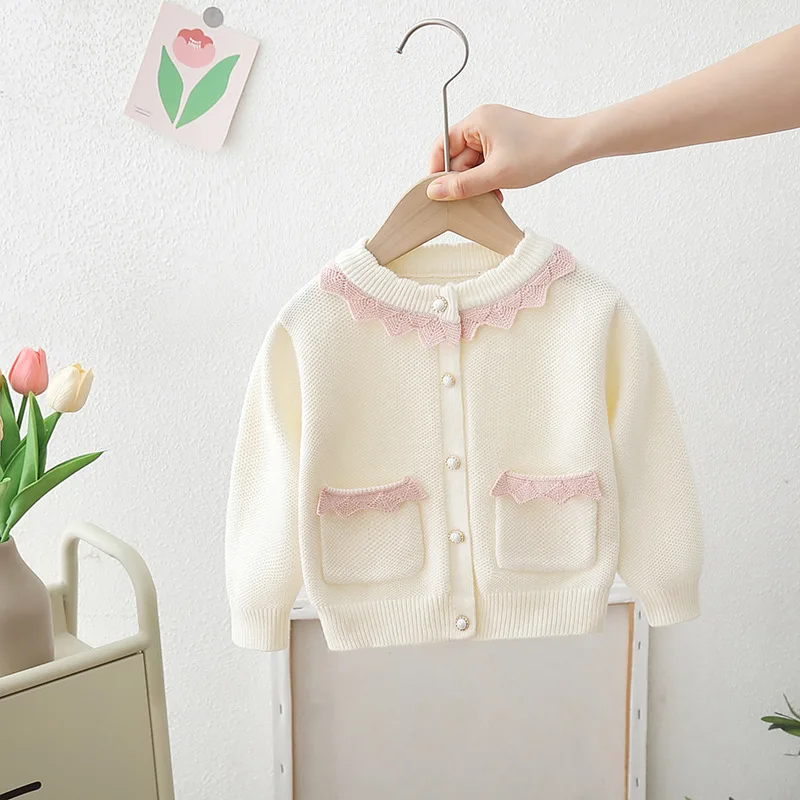 포켓 겨울 소녀 키즈 두꺼운 니트 오-넥 셔츠 줄무늬 공주 카디건 캐주얼 스웨터 IY07252와 고품질 스웨터