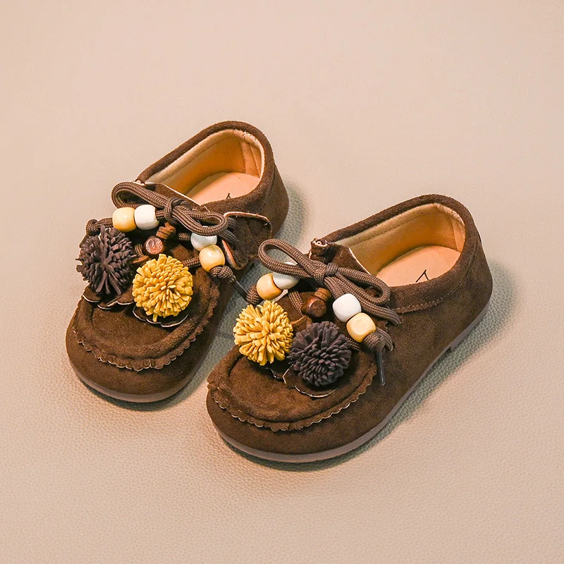 Leather Girls Flat Shoes Coffee Color Wedding Party