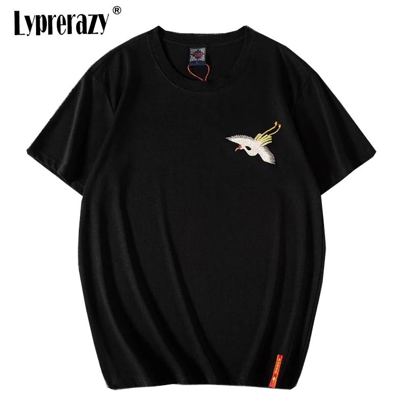 

Lyprerazy футболка с коротким рукавом в китайском стиле с вышивкой журавля летняя Модная хлопковая свободная Мужская футболка в национальном стиле