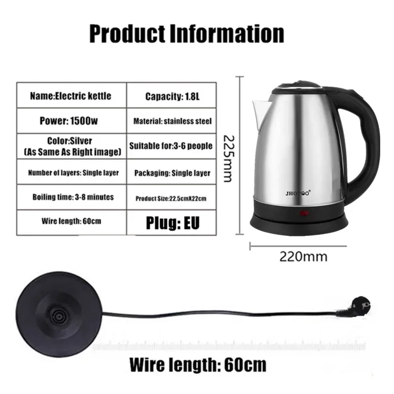Electric Kettle 1.8L 220V Stainless Steel Base Separation Desion Rust-resistant Durable for Home During Travel