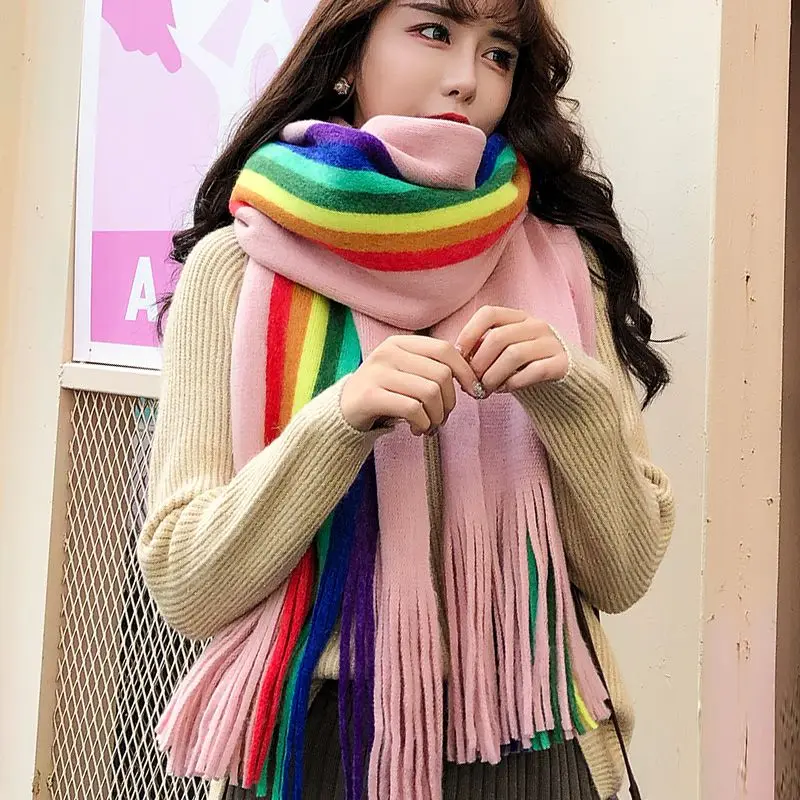 

Радужный шарф в Корейском стиле женская зимняя модная универсальная утепленная теплая шаль для студенток