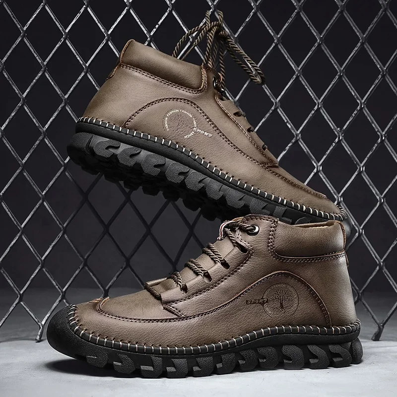 Outdoor Men Casual Men's Ankle Boots British Men Shoes Leather Motorcycle Boots Outdoor Trainers Riding Black