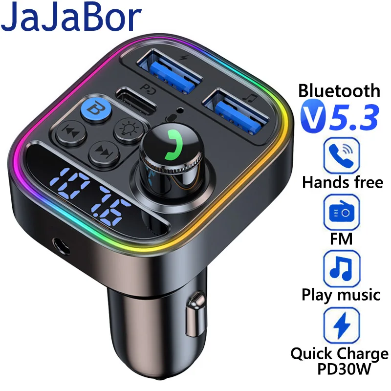JaJaBor FM Transmitter 3.5MM AUX Audio Receiver MP3 Player USB C PD 30W