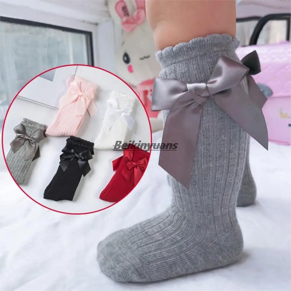 Newborn Baby Girls Tights Spring Baby Stockings Bow Cotton Lace Knee High Long Tube Tights Princess Infant Newborn Pantyhose