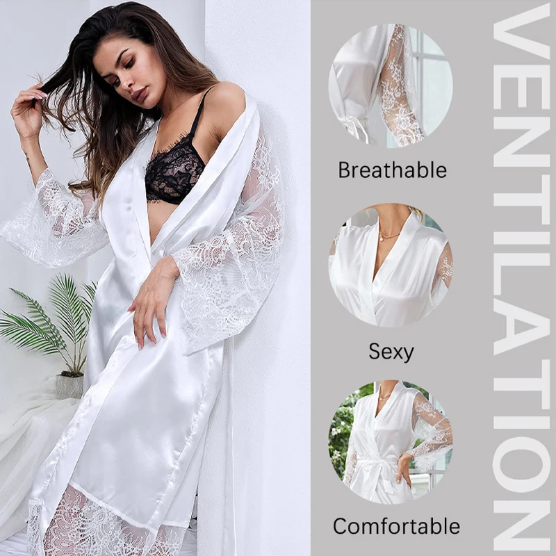 Fashion Sexy Pajama Women Bathrobe Lace Lingerie Milk Silk Top Comfortable Ladies V Long-Sleeve Nightdress Sleepwear women sleepwear sleepwear pajamas