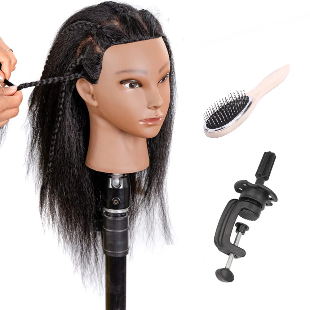 

Women African Mannequin Head With 100% Real Hair For Styling Braiding Professional Afro Training Hairdressing Hairart Head Stand