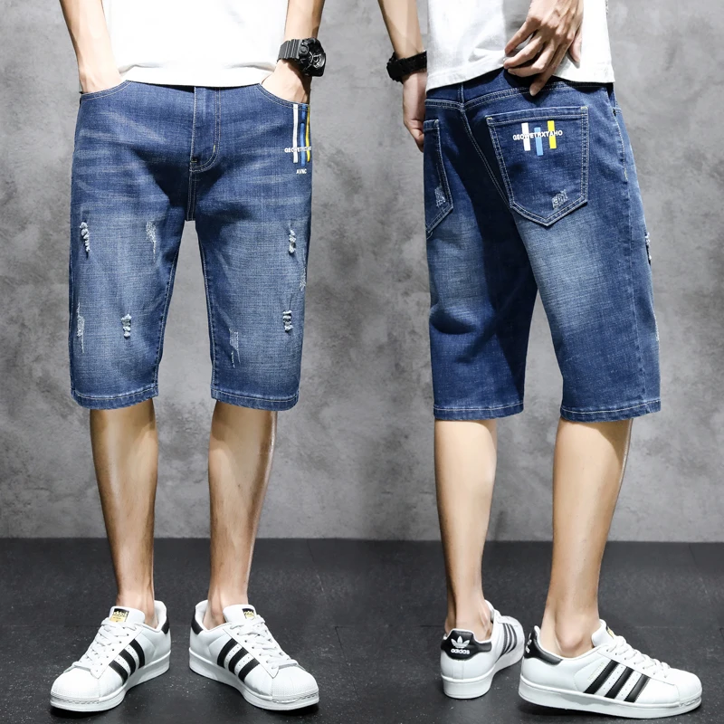Summer Mid Waist Denim Shorts Fashion Straight Youthful Vitality Men's Clothing Korean Button Casual Distressed Hole Knee Pants
