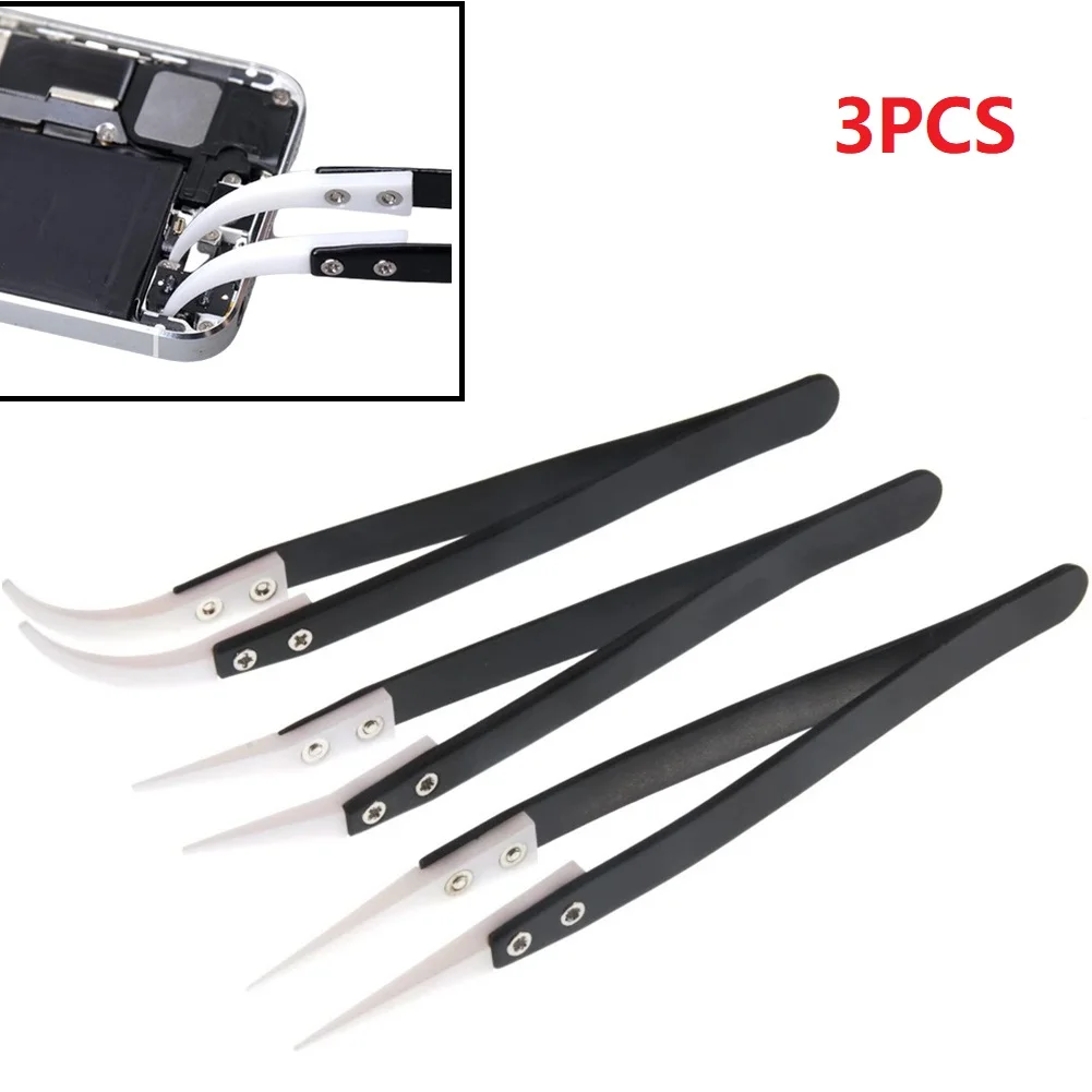 

3pc Ceramic Straight Tip Electronic Soldering Tweezers Anti-Static Reverse Acid Resistant Precision Chuck Ceramic Tweezers 140mm