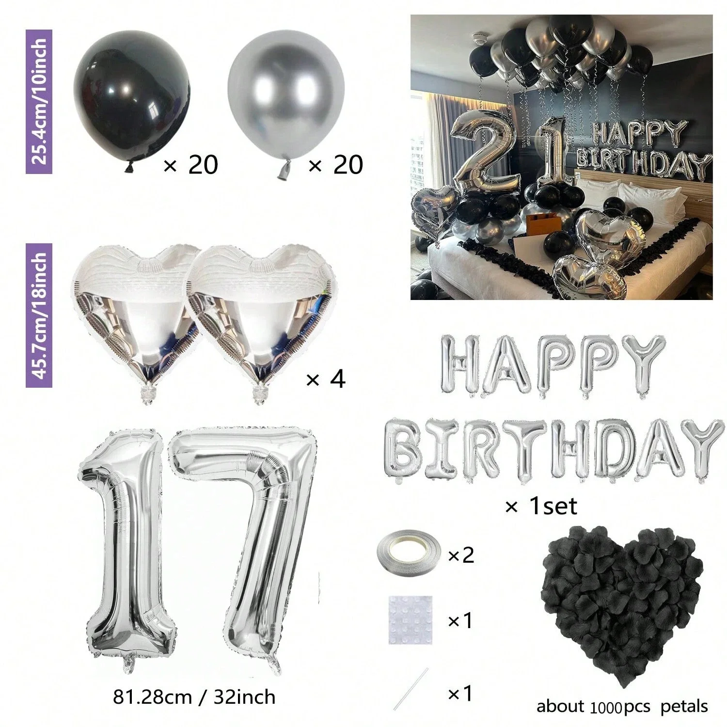 55 schwarze und silberne Luftballons + 1000 Blütenblätter, silbernes Happy Birthday-Banner, silberne Chrom-Luftballons, Partydekoration für Kinder und Erwachsene – Detail 10