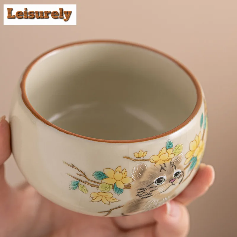 Imitation Song Cream Ru Kiln Teacup Cute Cat Water Jug Large Capacity Tea Bowl Opening Master Mug Meditation Cup Kung Fu Teaset