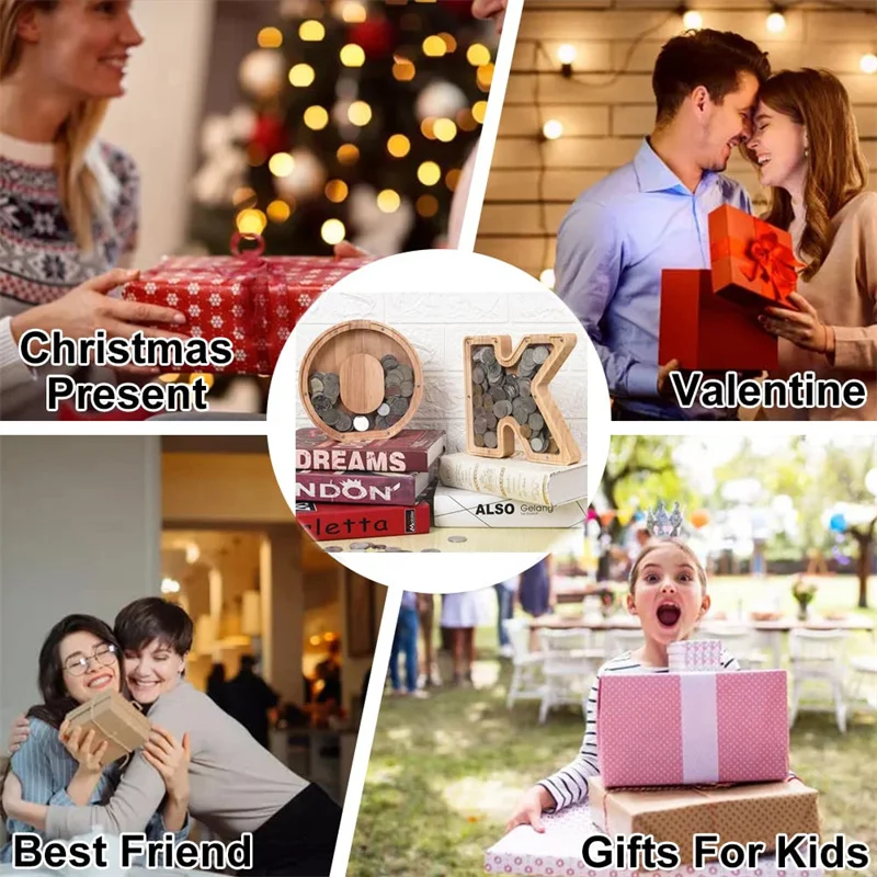 Description Picture 6 of item18cm Twenty-six Letter Piggy Bank Wooden Coin Money Saving Box Jar Coins Storage Box Desktop Ornament Home Decor Craft Xmas Gift