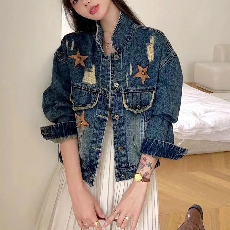 

Vintage Embroidered Stars Denim Jacket Women Loose Casual Coat Outwear Korean reviews many clothes Jacket Female Spring Autumn