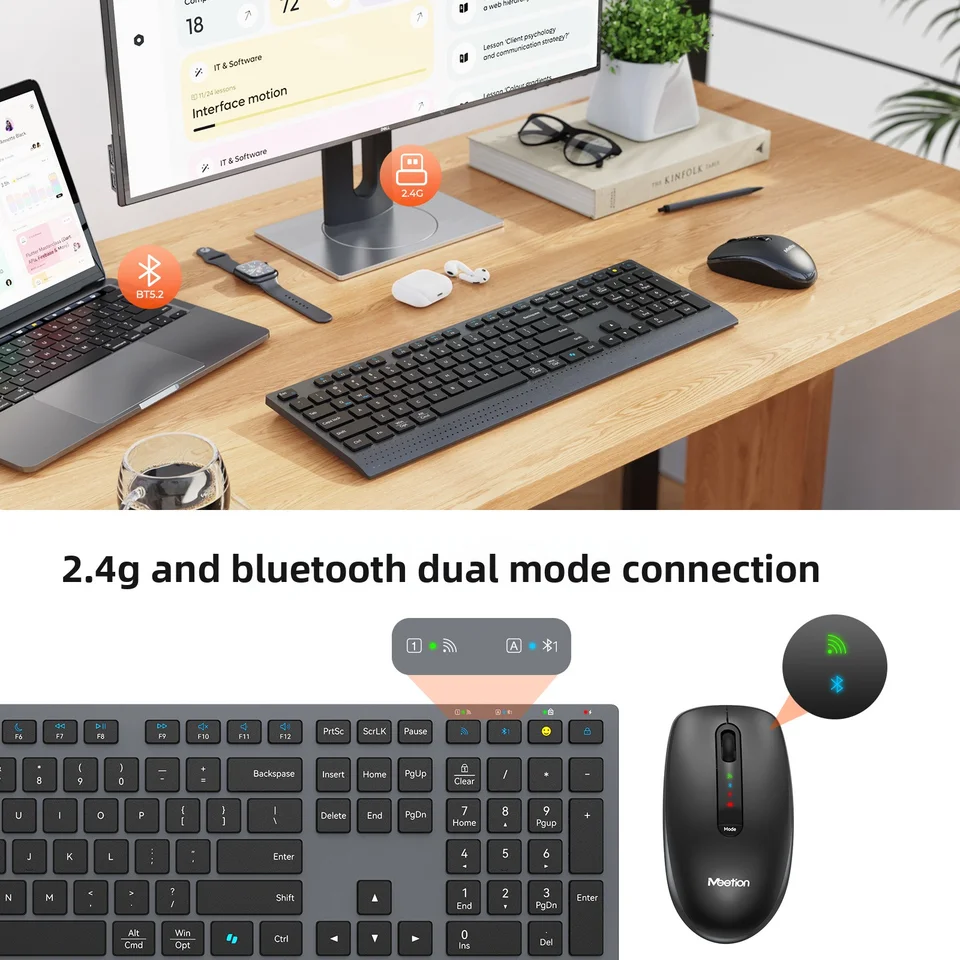 Dual-Mode 2,4-GHz-Funk-Kombinations-Tastatur-Maus-Set mit Stummschaltung, wiederaufladbar und mit Multifunktionstasten für Windows-PC-Gamer_voghion.com