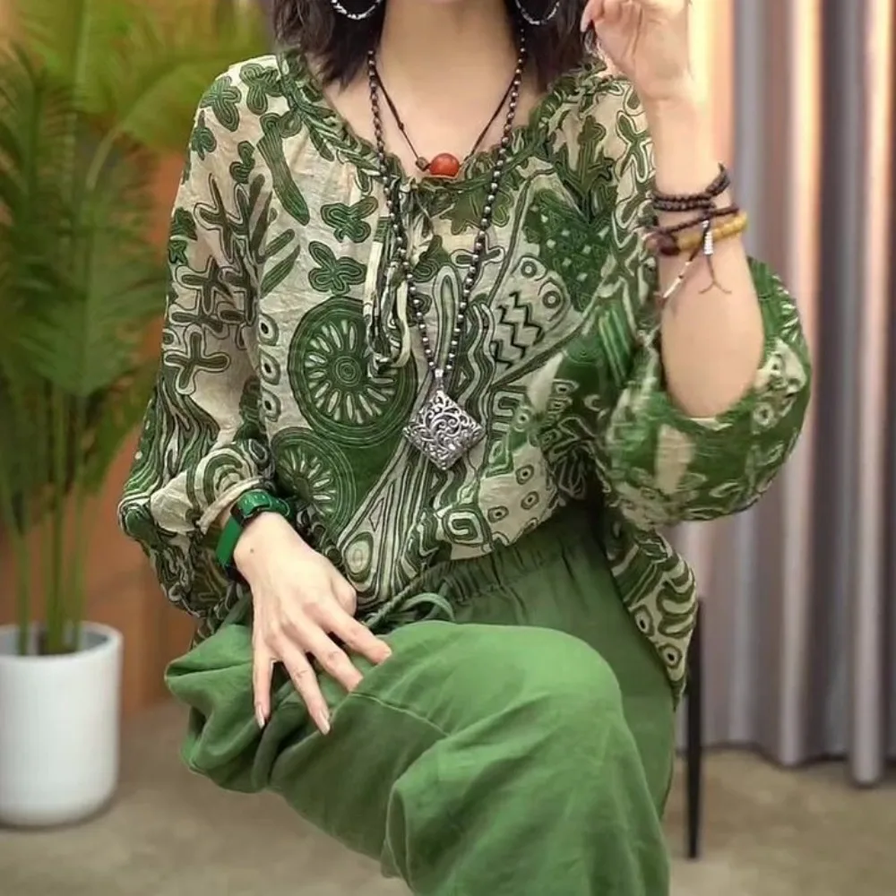 Description Picture 4 of itemSimple Sunscreen Retro Loose T-shirt Flower Stripe Round Neck Long Sleeve T Shirt Thin Green Ethnic Style Tops Women