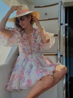 Robe courte en mousseline de soie rose doux pour femmes, mode fleur 3D, manches bouffantes, col en V, taille haute, ligne A, Robes superposées, nouvelle collection 3