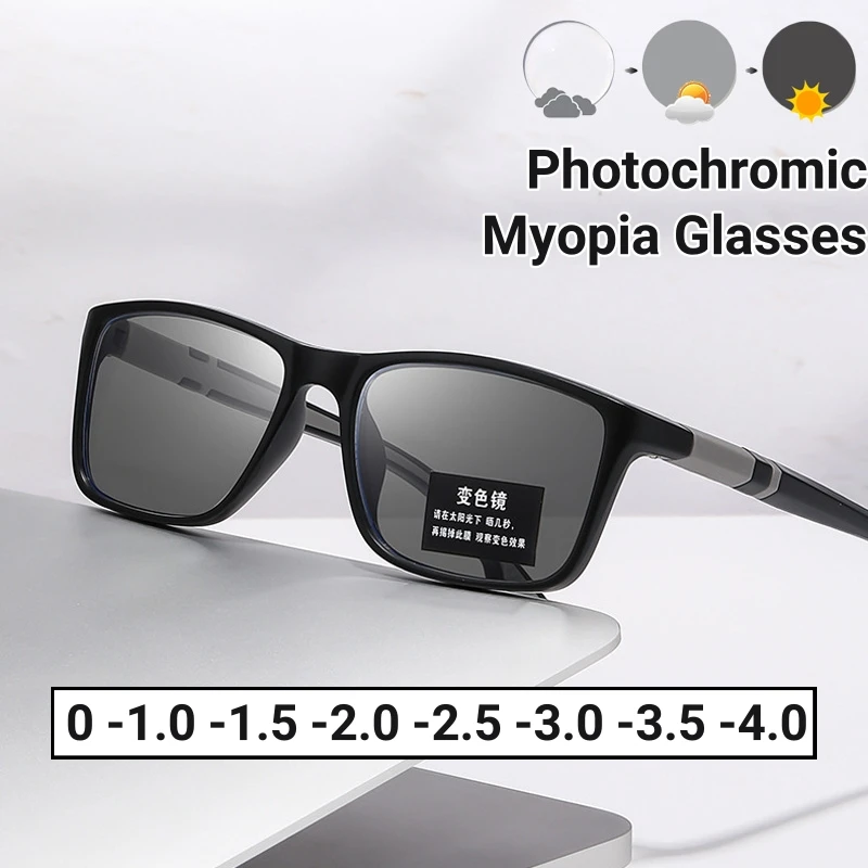 Myopia Glasses Vintage Photochromic Women Men Anti Blue Light Near Sight Ultra light Color Change Eyewear 0 To -4.0