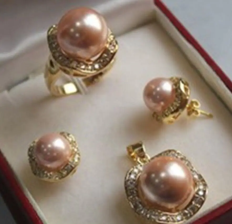 

1set 10mm 14mm pink sea shell pearl mother of pearl pendant earring ring NEW NEW