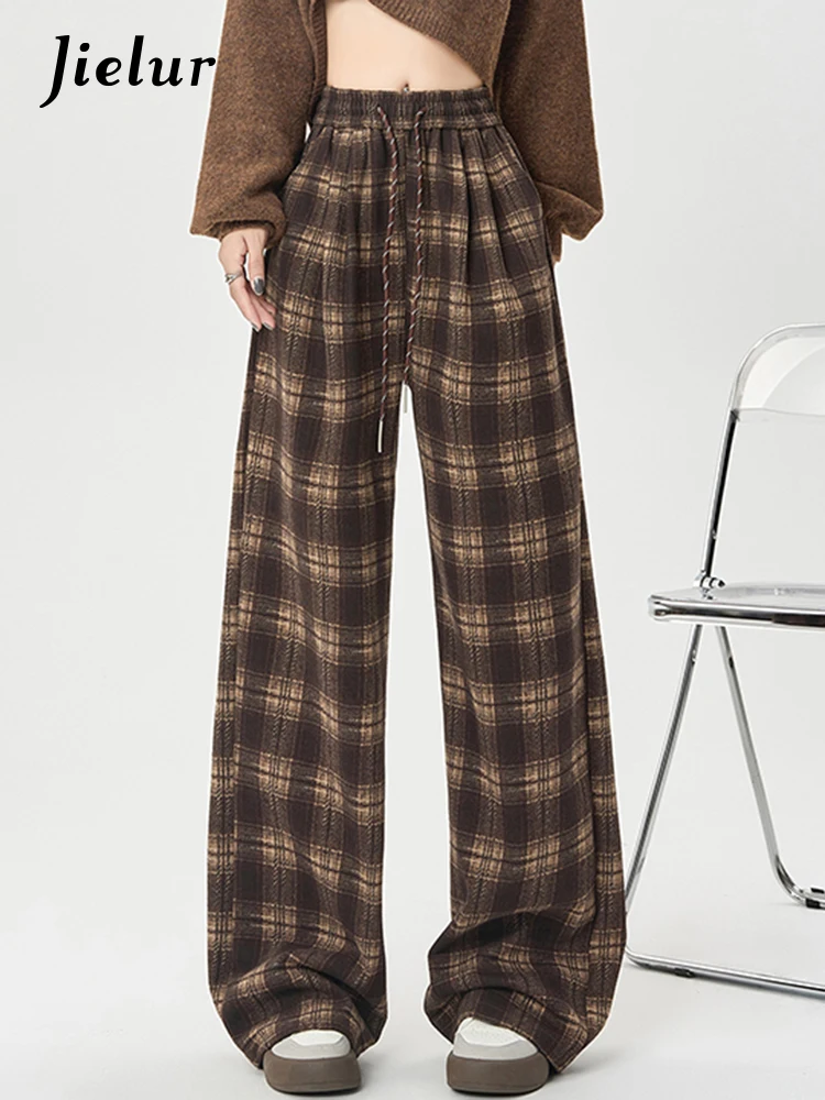 Winter Vintage Chic Kordelzug Lose Gerade Frauen Hosen Neue Plaid Kontrast Farbe Volle Länge Mode Weibliche Breite Bein Hosen