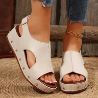 Women Comfort Wedges Sandals Peep Toe Med Heel Platform Sandalias Mujer 2025 Rivet Thick Sole PU Leather Summer Shoes for Women - Image 3