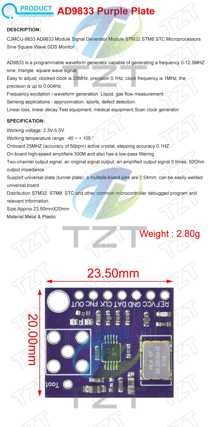 TZT AD9833 AD9833BRMZ 0-12,5 MHz Sinus-Quadrat-DDS-Signalgenerator-Modul, serielles Schnittstellenmodul – Detail 1