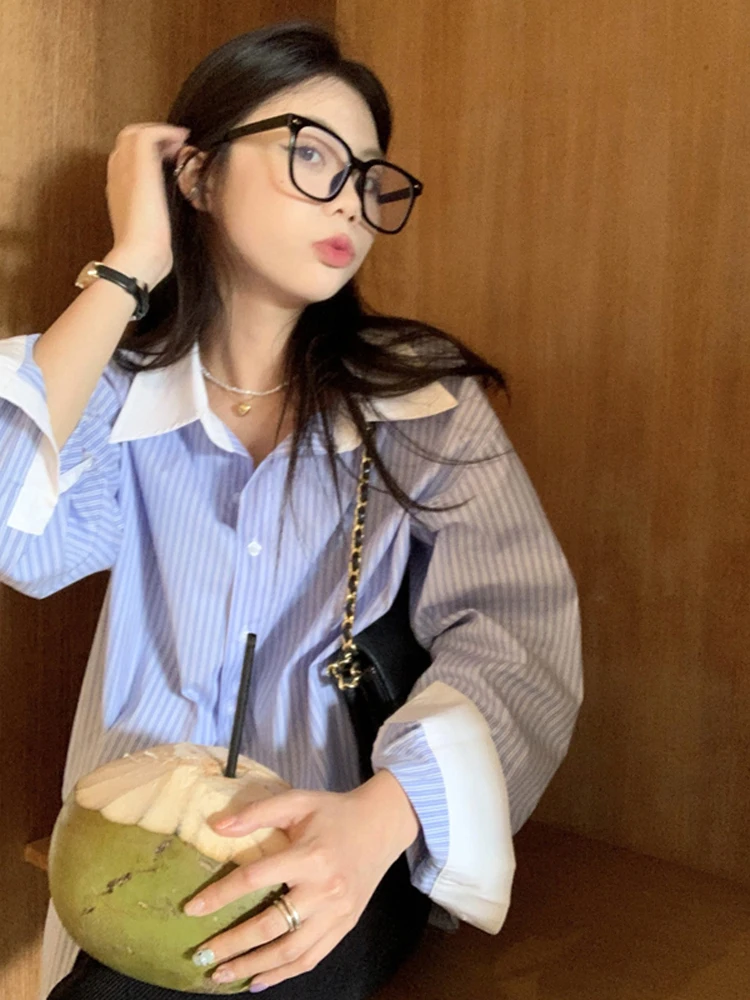 Blue and White Striped Contrast Color Shirt for Women 2023 Spring Summer Thin Special-Interest Design High-Grade French Styl