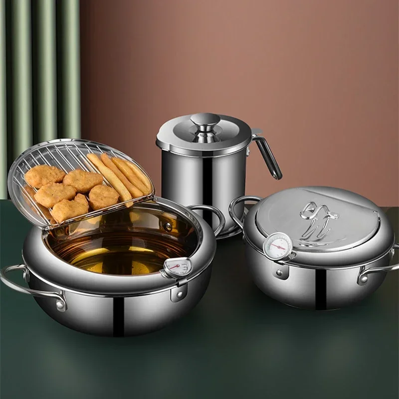 

304 Stainless Steel Kitchen Tempura Fryer Pan 20 24 cm pots and pans Japanese Deep Frying Pot with a Thermometer and a Lid