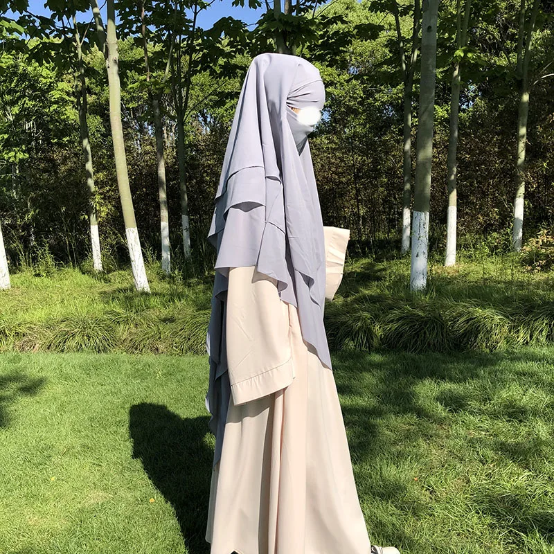 New Three Layer Chiffon Khimar With Niqab Strings Front Two Layer Islamic Clothing Long Tie Back Overhead Prayer Instant Hijab