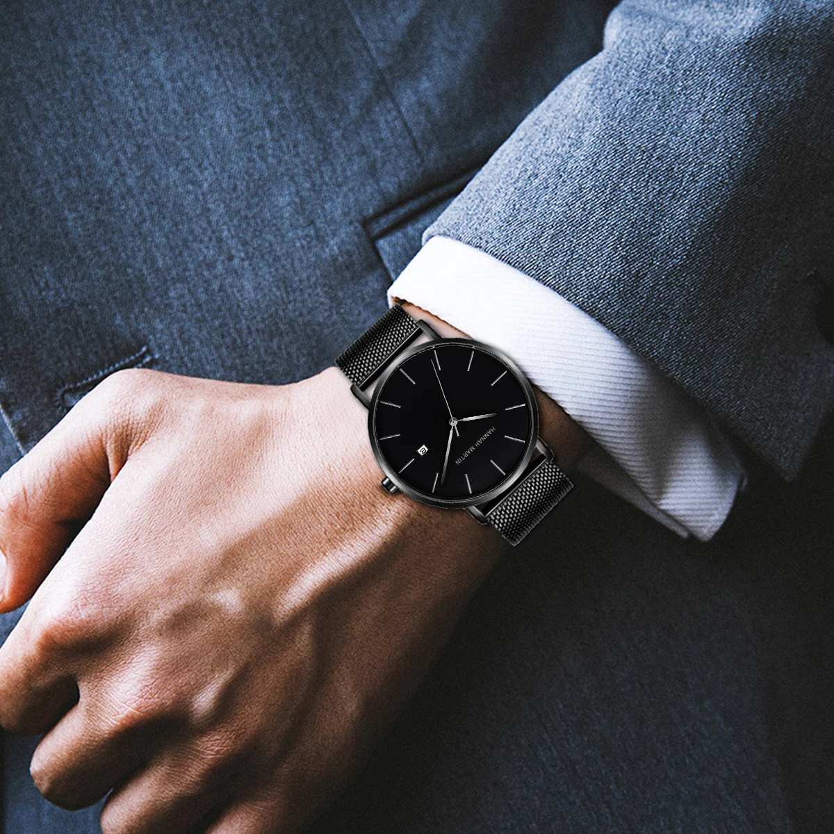 Classic Bauhaus Design Men Watch Dark Blue  Japan Quartz Waterproof Stainless Steel Fashion Business Calendar Ultra Thin Watches 6