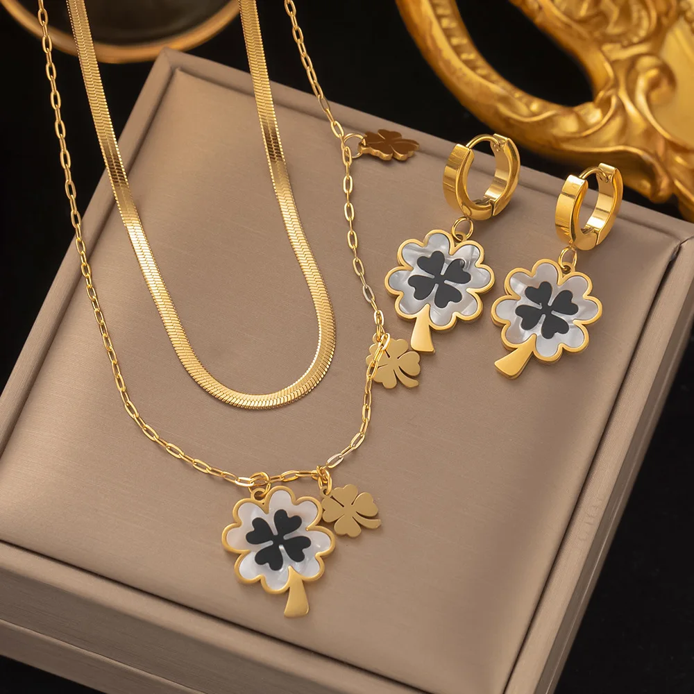 Ensemble Bijoux Trèfle à 4 Feuilles - Collier, Bracelet, Boucles D'oreilles - Plaqué Or 18k - Cadeau Pour Femme - Porte-bonheur