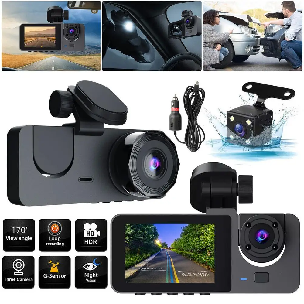 

Y15 Car DVR Dash Cam 3 Cameras Ips high definition 1080p Wide Angle Video Recorder G-sensor Motion Detection Camcorder