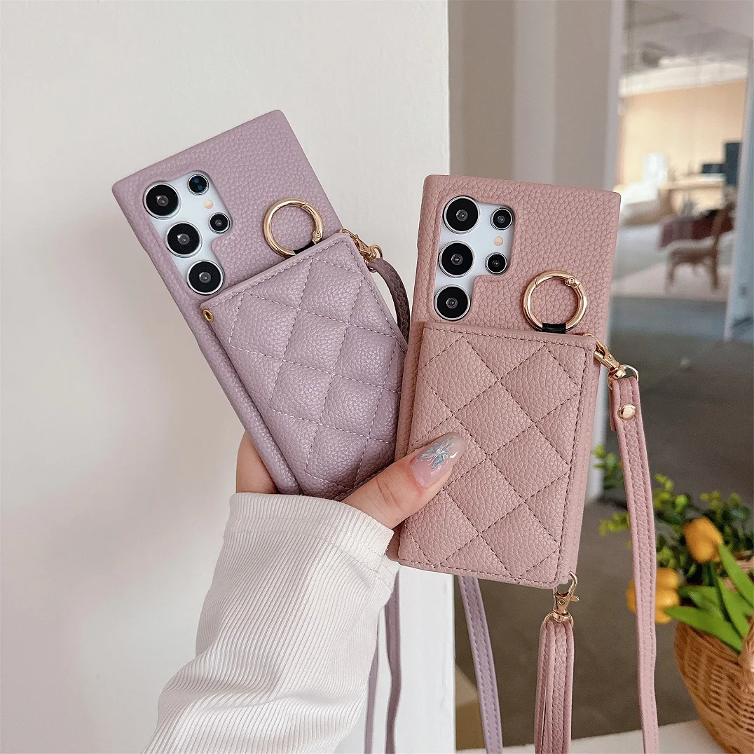 Luxury Crossbody 3D Grid Leather Card Slot Wallet Case with Mirror Makeup Cover