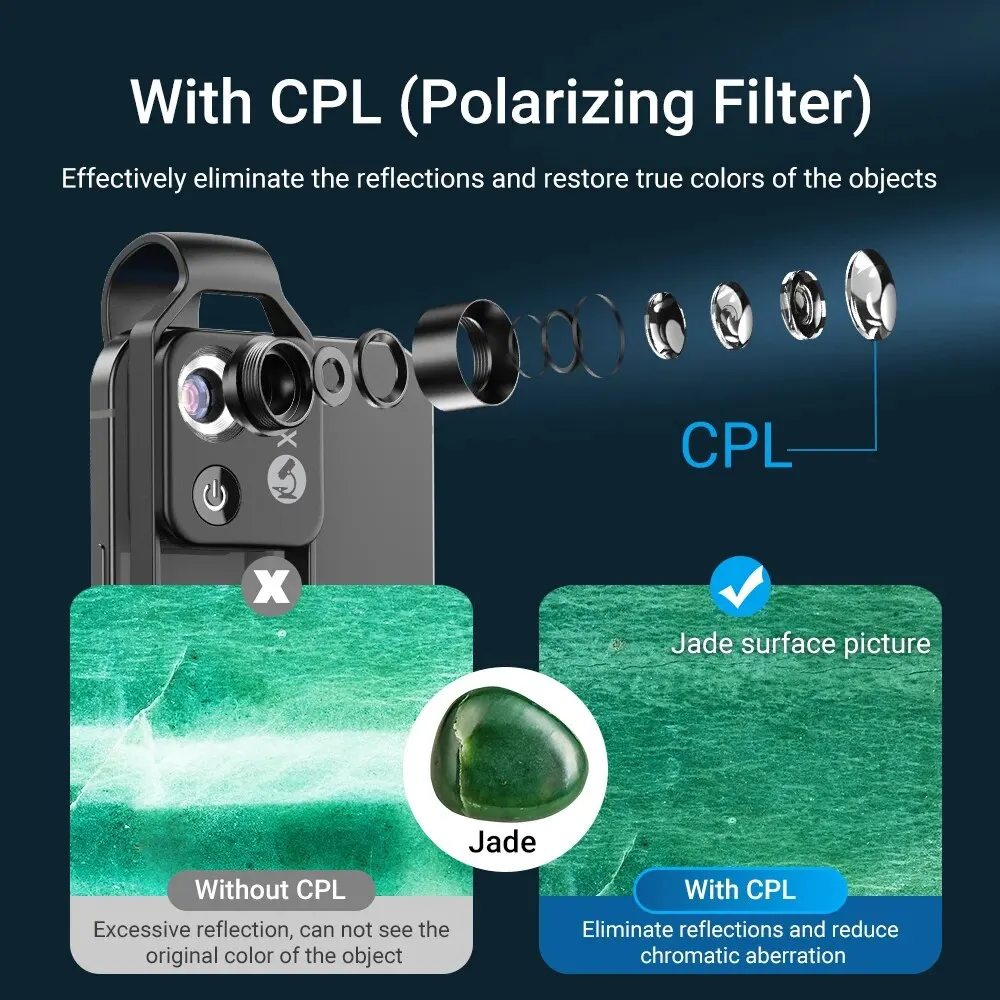 Pocket Microscope Lens CPL Filter LED Light Mini Micro Macro Lenses for iPhone 15 13 14 Samsung Smartphones APEXEL 200X mobile phone lens