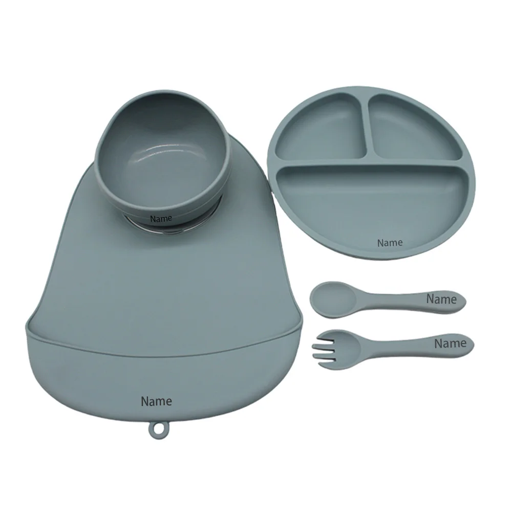 5-Piece Children's Tableware Set with Free Name Printing Personalized Silicone Tableware—Unique Gifts for Boys and Girls.