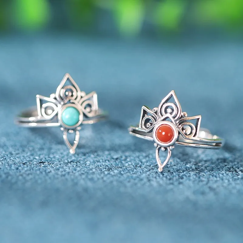 

JZ257 ZFSILVER Thai Silver S925 Fashion South Red Agate Turquoise Luxury Trendy Adjustable Retro Crown Rings Women Wedding Party