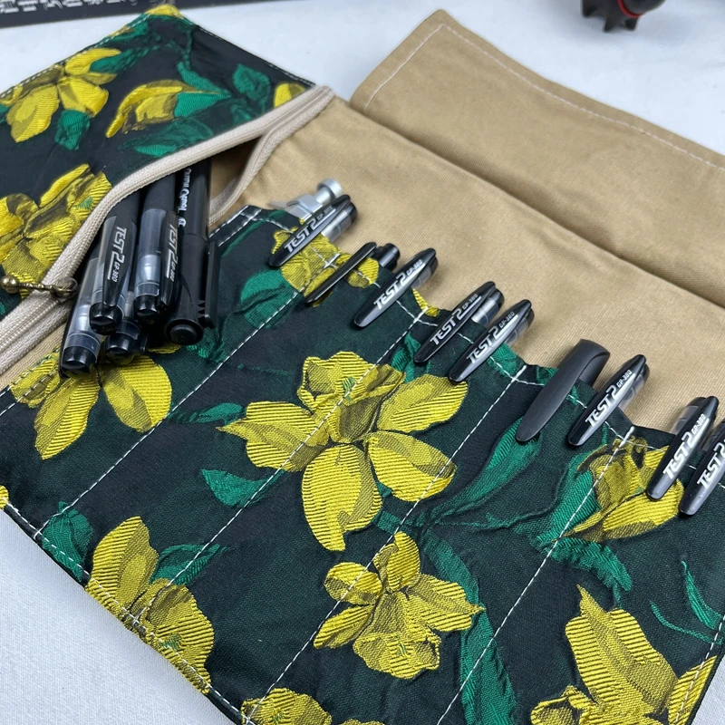 레트로 유화 그레이 꽃무늬 천 펜 커튼 대용량 펜 가방 문구 보관 가방 펜 가방 휴대용 롤링 커튼