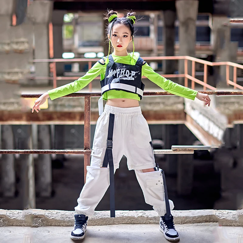 Girls Hip Hop Street Dance Clothing Green Crop Tops White Cargo Pants