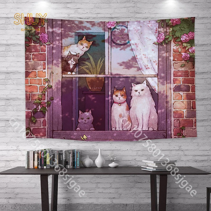 

Illustration Cute Cat Tapestry Korean Wall Hanging Cloth Ins Girl Kawaii Dormitory Tapestries Aesthetic Bedside Home Decorative