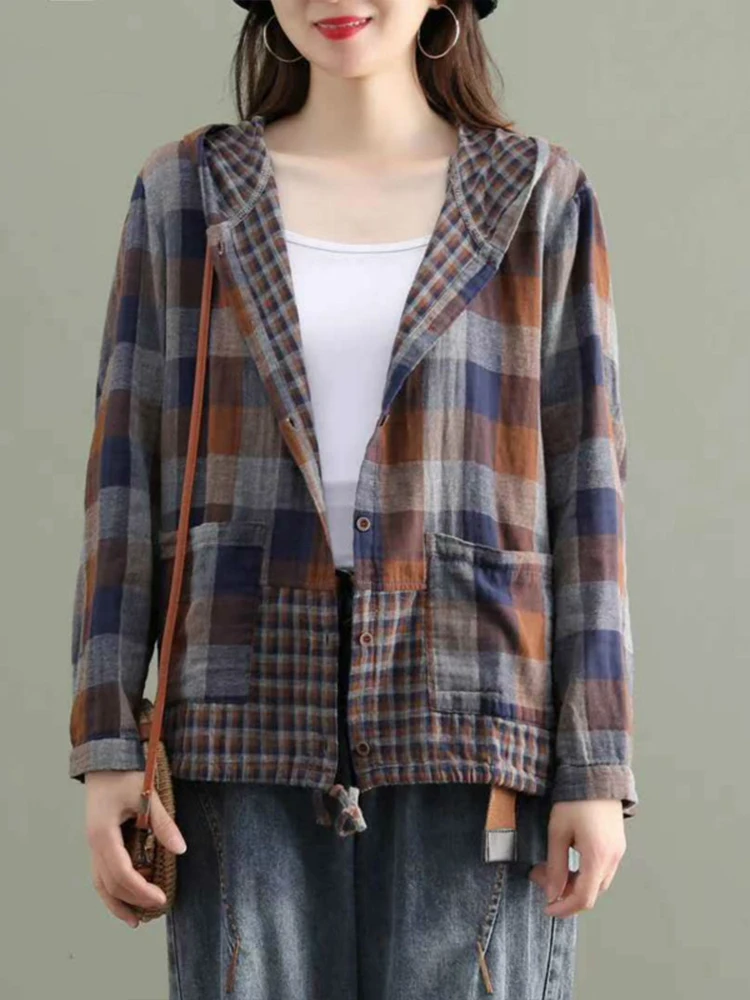 Max LuLu 2024 Fashion Korean Designer Clothes Womens Plaid Hooded Shirts Ladies Linen Loose Blouses Female Casual Oversized Tops images - 6