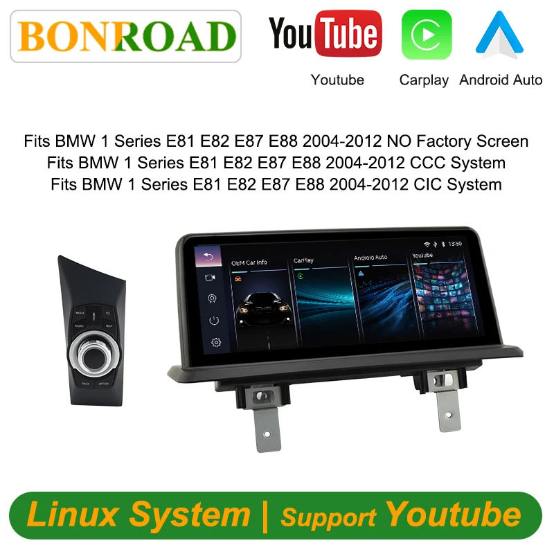 Pantalla Bonroad de 10.25 pulgadas con Linux y Carplay para BMW Serie 1 120i E81 E82 E87 E88 2004-2012 CCC CIC iDrive Android Auto Youtube Stereo 1