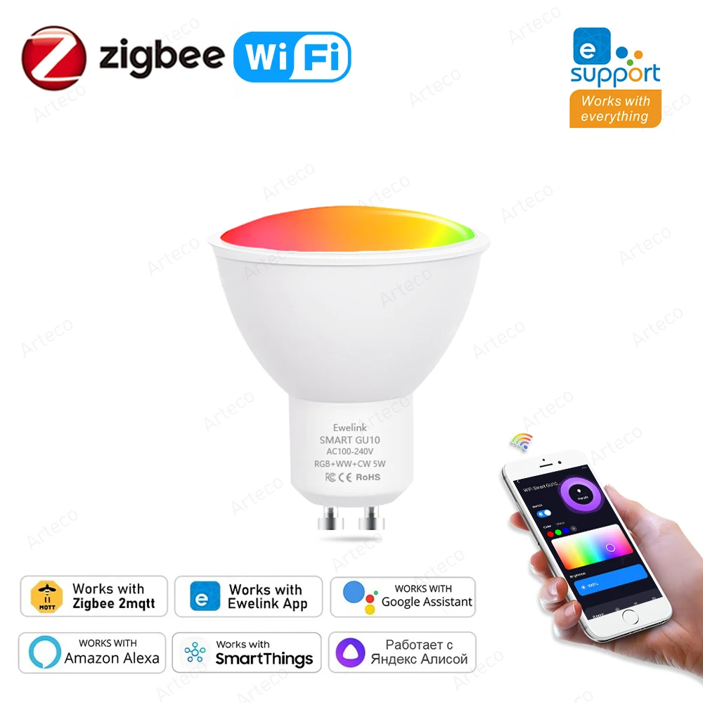 

EWelink LED Spotlight GU10 Zigbee WiFi Smart Lamp Dimmable RGBCW Light Bulbs Alexa Google Alice Voice Control Home Assistant