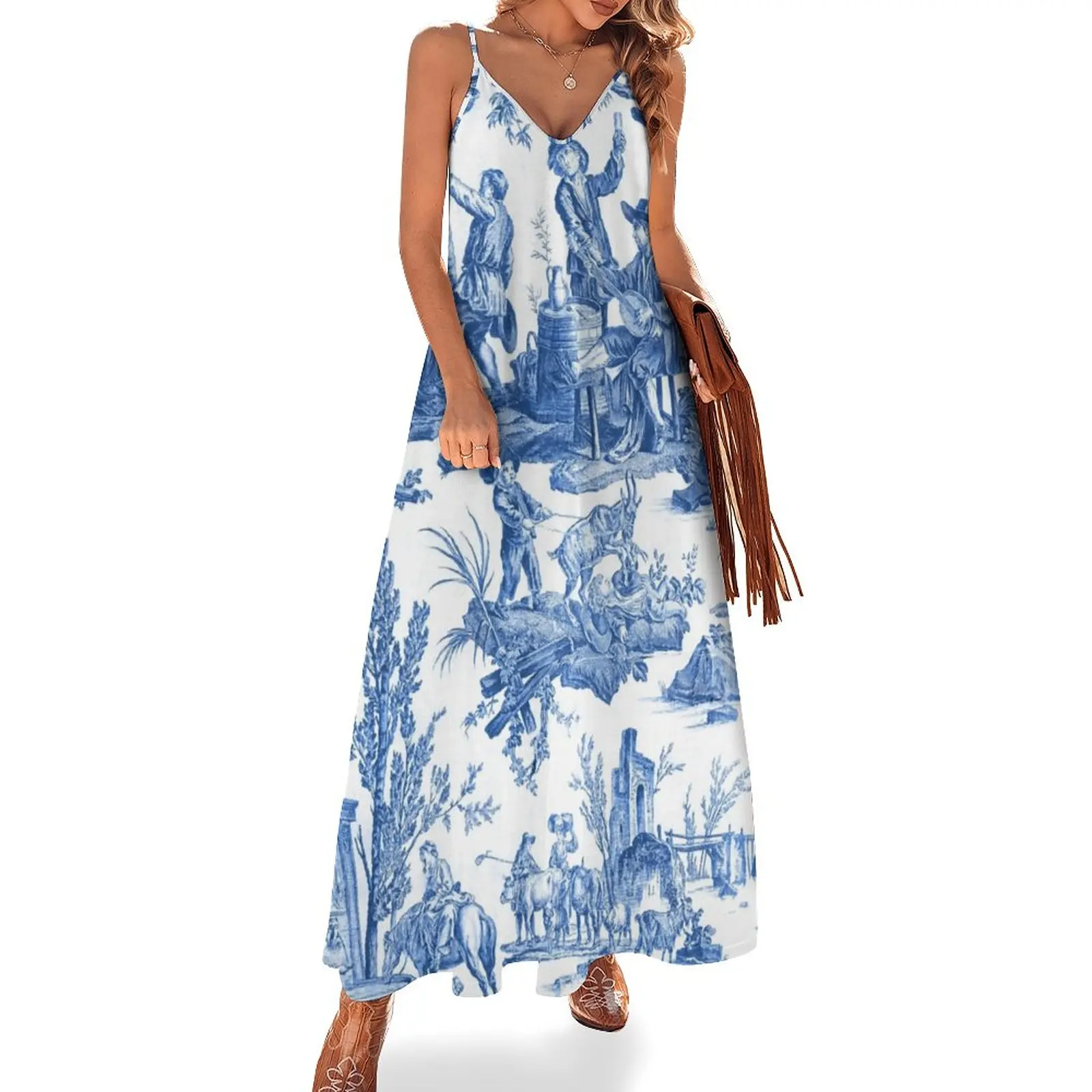 

Blue and White Toile de Jouy Sleeveless Dress long dress women summer loose women's dress beach outfits for women